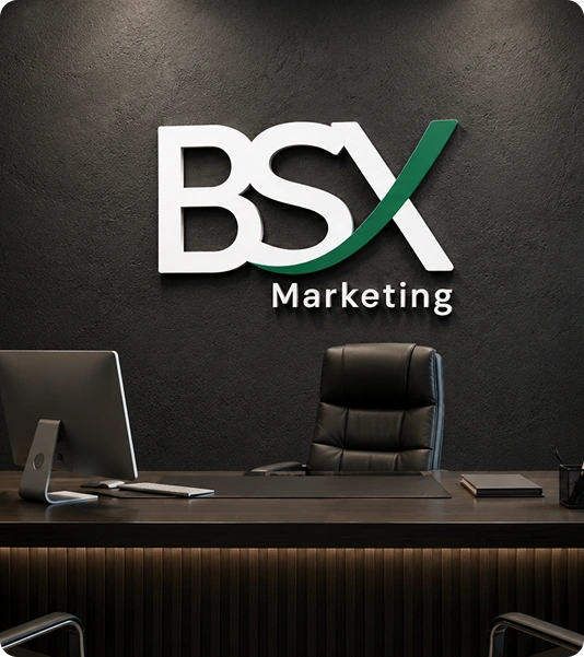 Logo da BSX Marketing em ambiente corporativo moderno